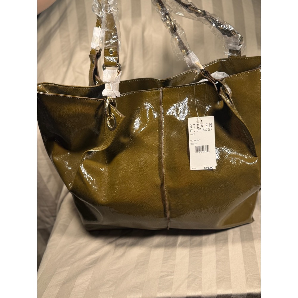 Steven by Steve Madden Olive Green Patent Tote Bag High Shine Crinkle Shoulder
